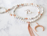 Over the Moon Rose Gold Hematite and Howlite Beaded Tassel Crescent moon Necklace